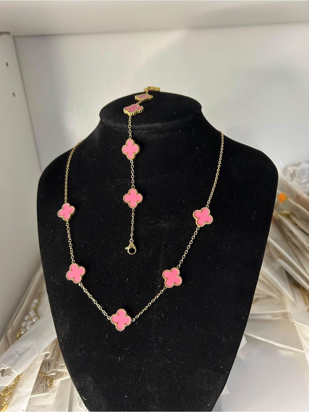 Pink Clover Motif Gold-Tone Necklace and Bracelet Set